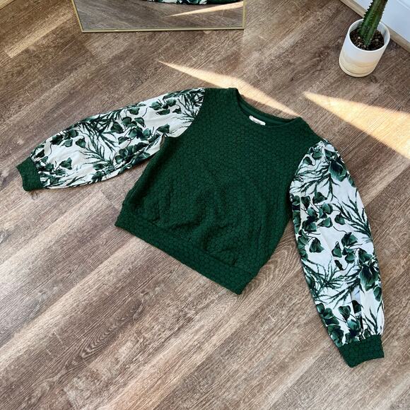 Porridge Anthropologie Women's Green Textured Pullover Botanical Sleeves - Picture 3 of 6